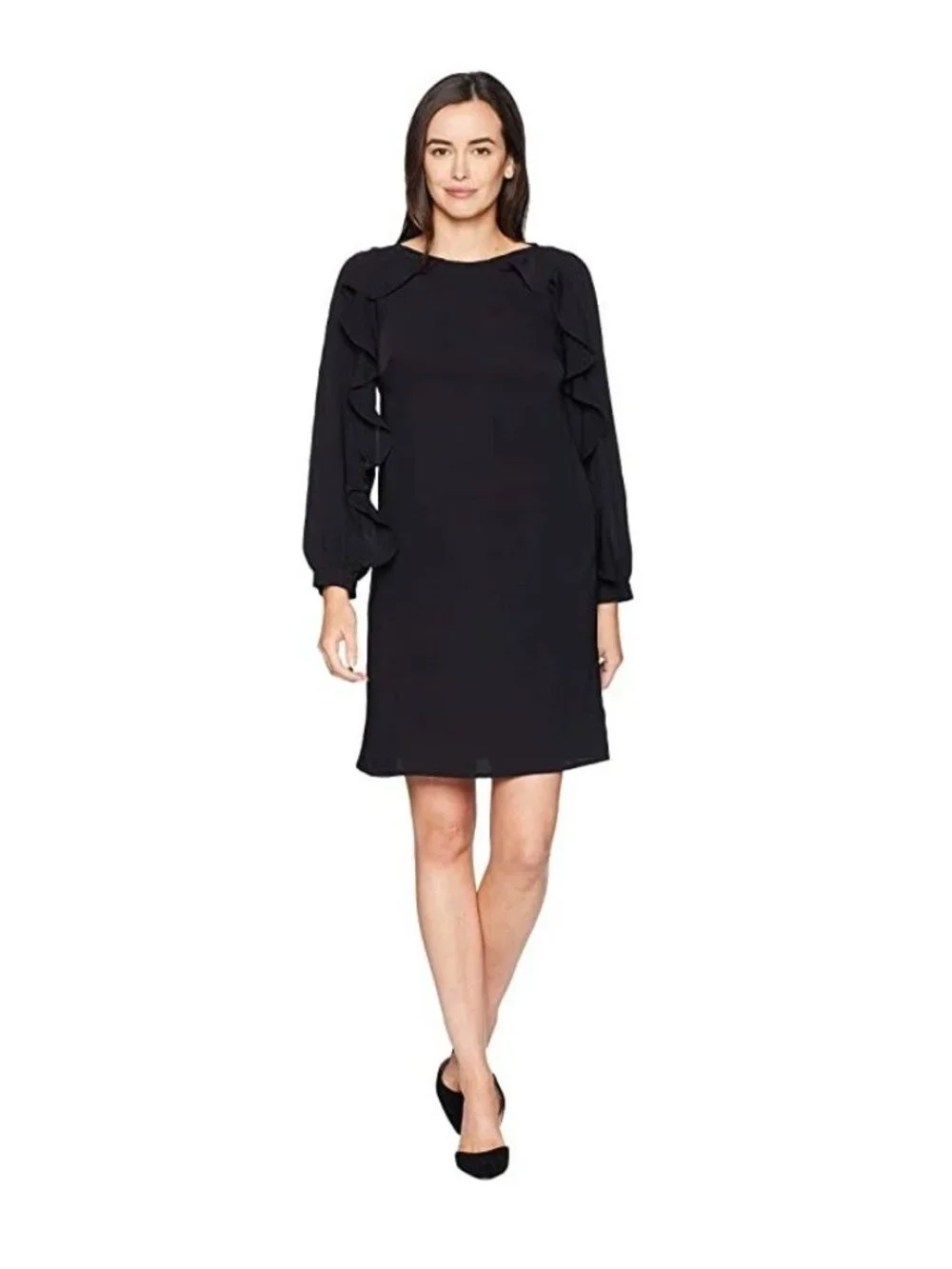 Chaps Black Ruffle Long Sleeve Shift Dress Size 12 Classic All-Season Wedding